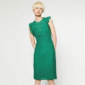 ZARA NWT Guipure Lace Tube Midi Dress Flutter Cap Sleeves Emerald Green